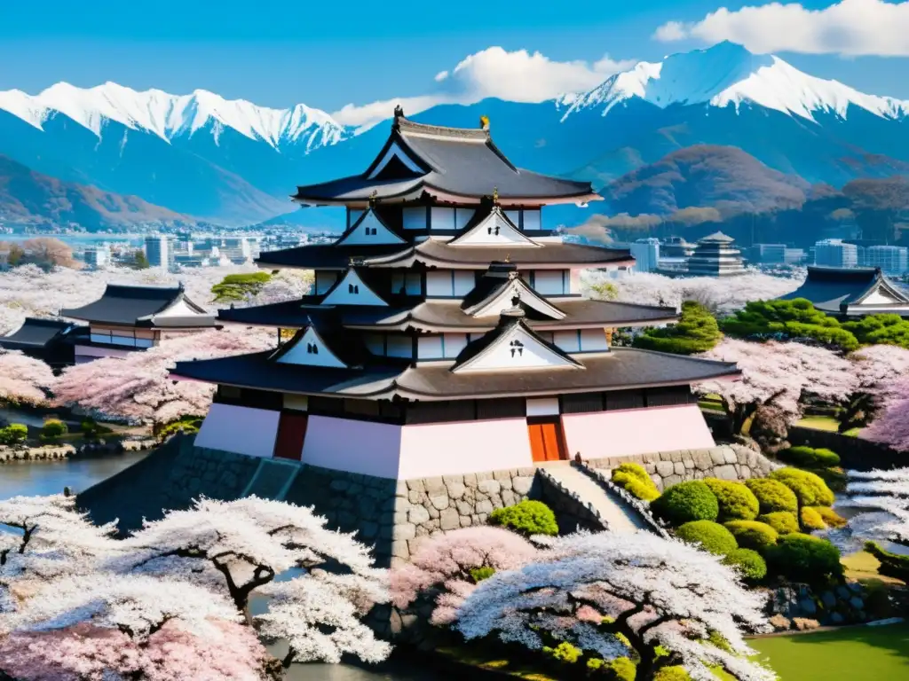 Vista aérea de Matsumoto Castle rodeado de árboles de cerezo en flor, con los Alpes japoneses nevados de fondo