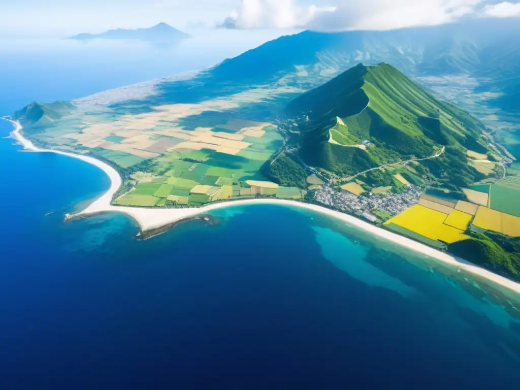 Vista aérea del tranquilo paisaje rural de la Península de Shimabara en Japón, escenario de la Rebelión Campesina en el siglo XVII