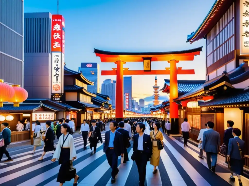 Vista de la animada calle de Tokio con rascacielos y una mezcla de arquitectura tradicional y contemporánea