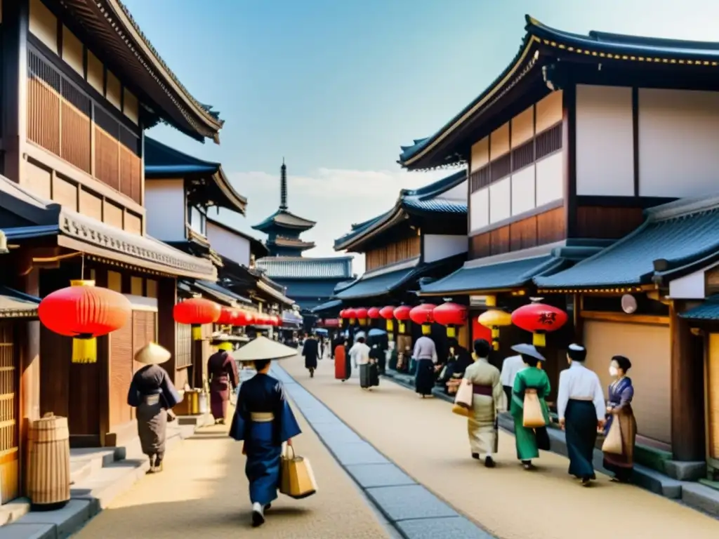 Vista animada de la vida diaria y el comercio en la caída del Shogunato en el antiguo Edo de Japón, con edificios de madera y una pagoda al fondo