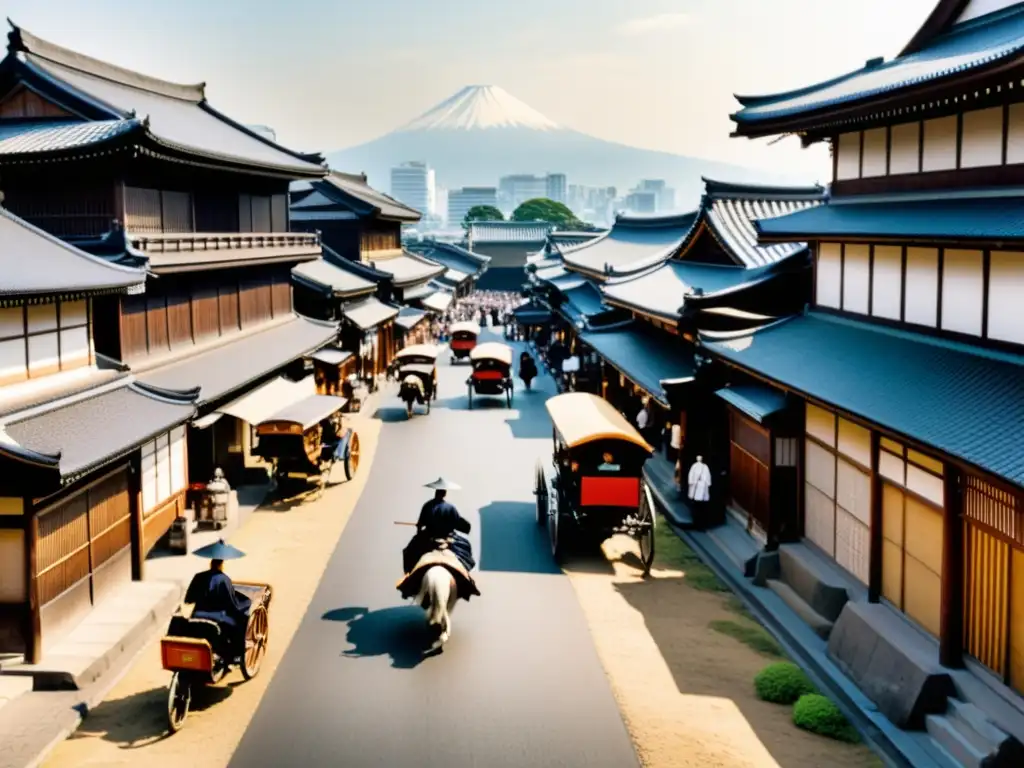 Vista de la transformación social postShogunato Japón en una bulliciosa calle de Edo durante la Restauración Meiji