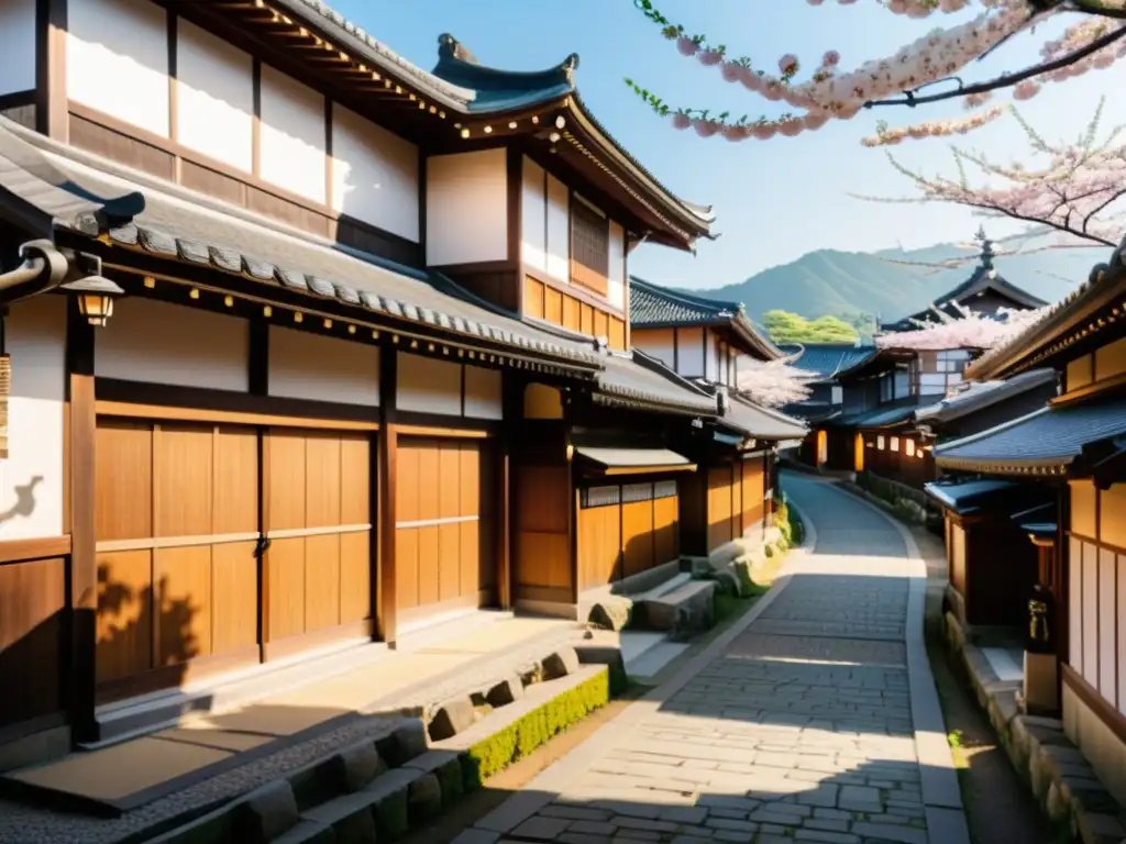 Vista de las calles históricas de Hagi, Japón, cuna de la Revolución Meiji, con arquitectura samurái y serena atmósfera, entre cerezos en flor