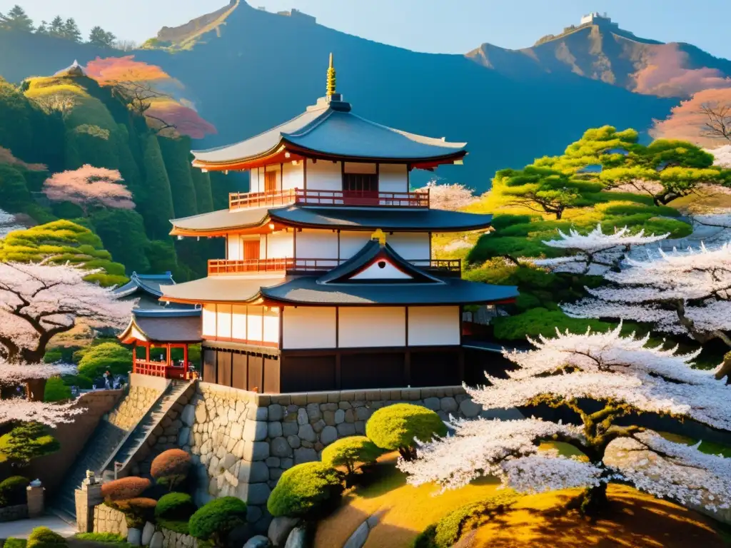 Vista de un castillo samurái japonés con detalles arquitectónicos significativos y hermosos cerezos en flor