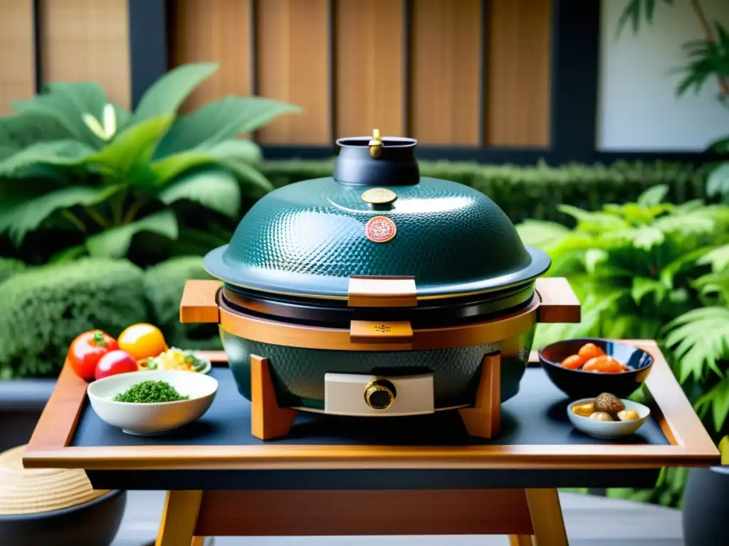 Vista cercana de una parrilla japonesa kamado con detalles de madera tallada a mano, rodeada de ingredientes y una serena decoración de jardín