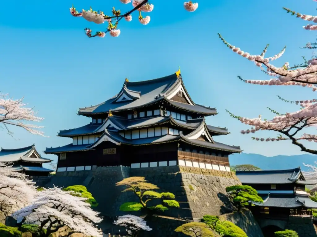 Vista detallada del Castillo de Kumamoto con árboles de cerezo en flor y visitantes vestidos de samurái, ideal para Rutas por el Japón Samurái