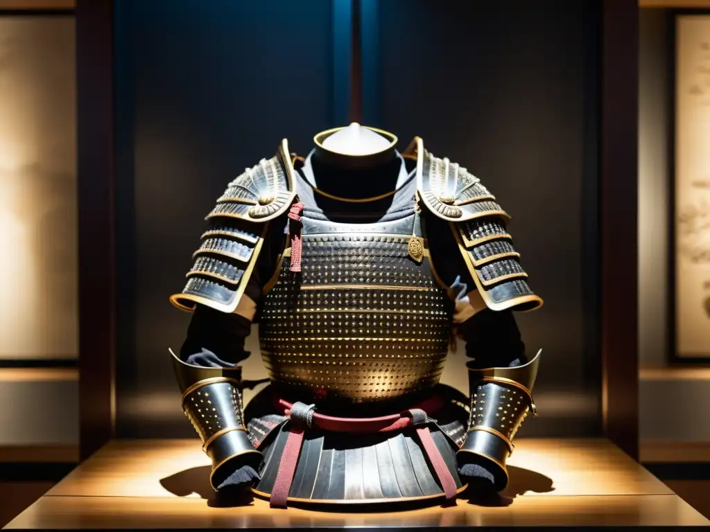 Una vista detallada de una armadura y espada samurái en un museo, evocando la influencia samurái en Yokohama