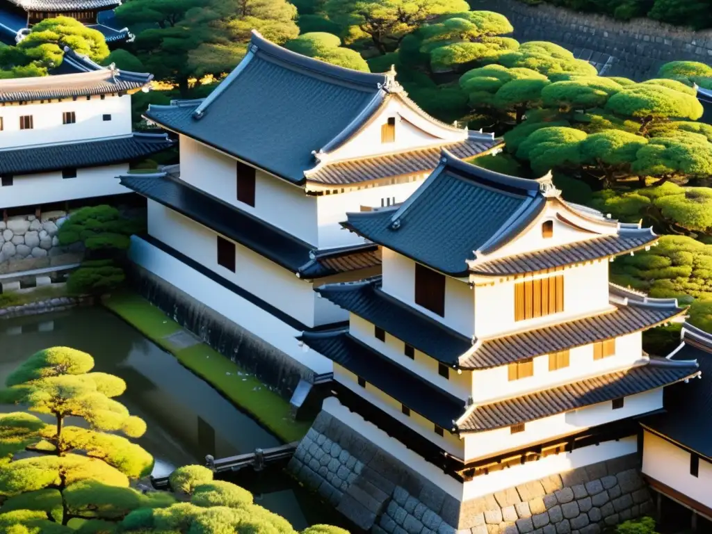 Vista detallada del castillo Himeji, destacando su importancia en el periodo Edo y su arquitectura samurái