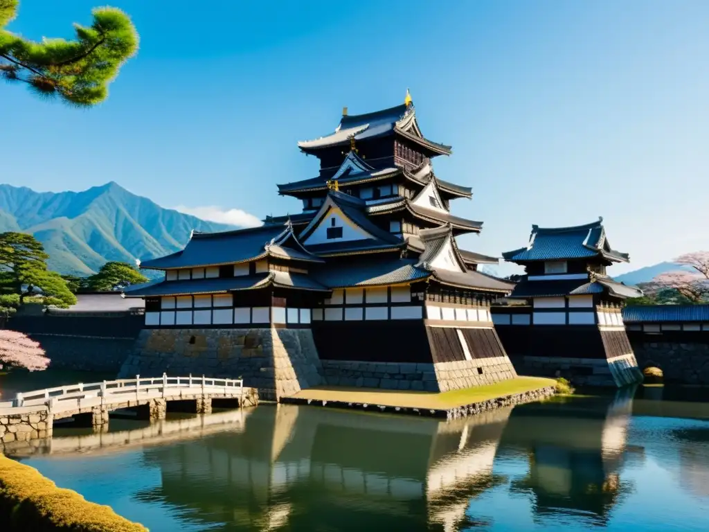 Vista detallada del Castillo de Matsumoto, destacando su arquitectura de madera, muros de piedra y foso