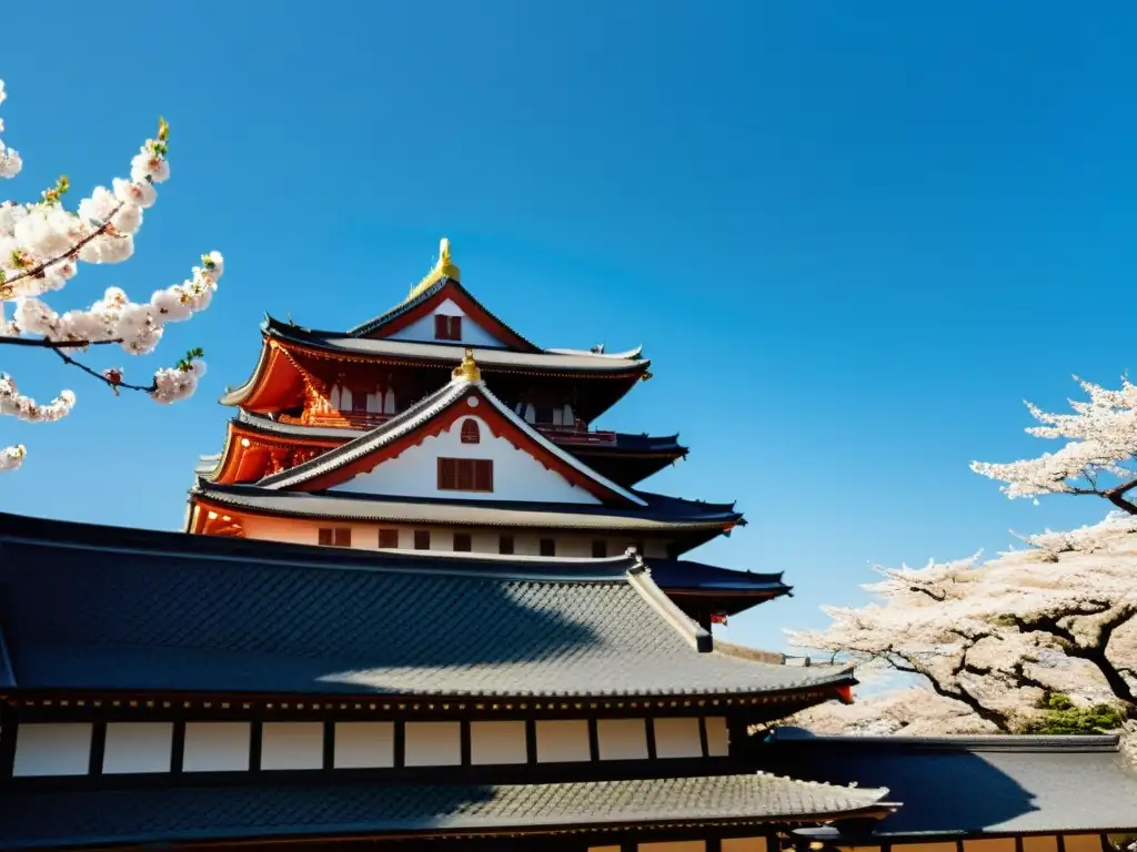 Vista detallada del Castillo de Nagoya en Japón, con samuráis y cerezos en flor