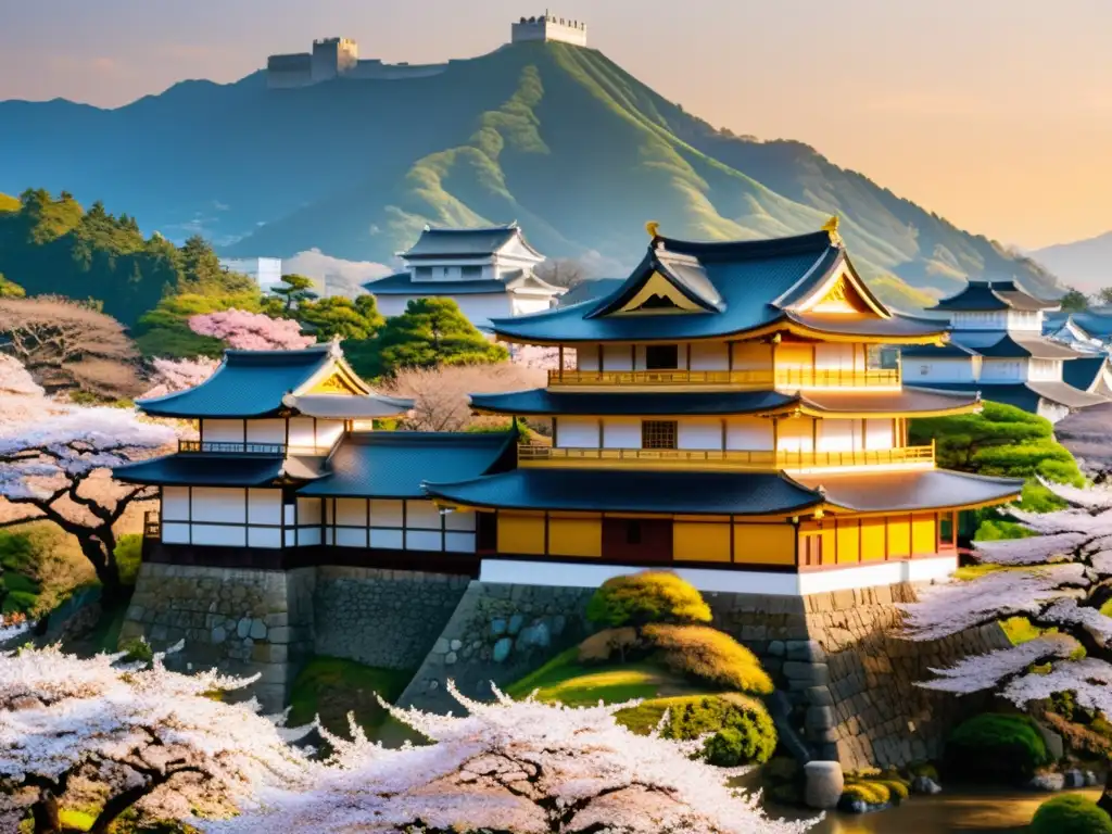 Vista detallada del Castillo Aizu y samuráis practicando artes marciales al atardecer, reflejando la cultura samurái historia moderno