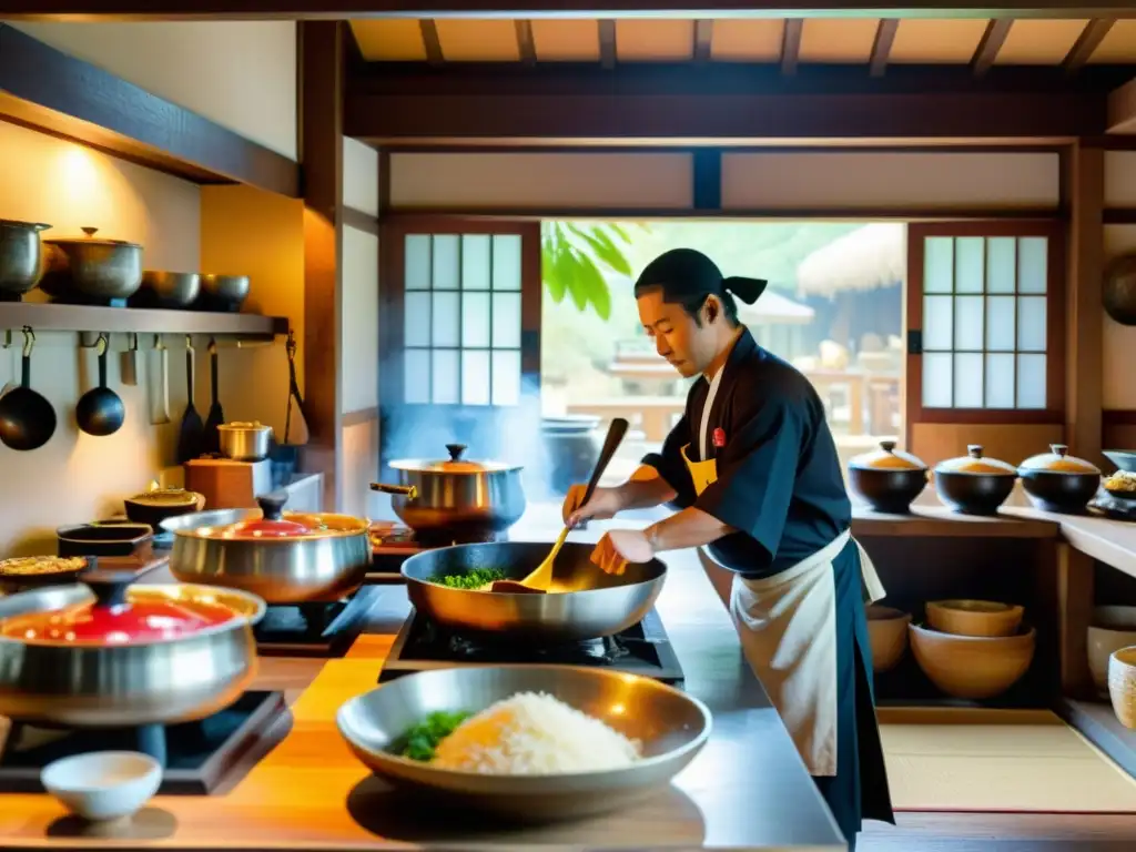 Vista detallada de cocina tradicional en Tohoku, chefs preparando delicias regionales bajo retrato de Date Masamune