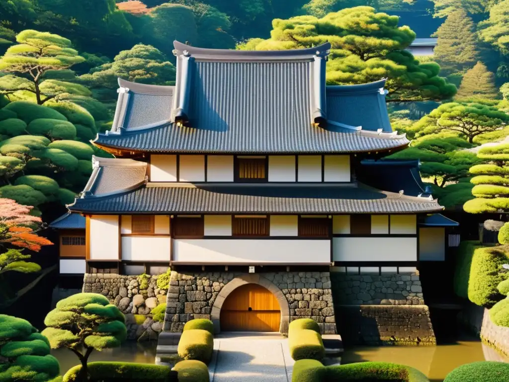 Vista detallada del castillo samurái japonés, con diseño arquitectónico intrincado y jardines exuberantes