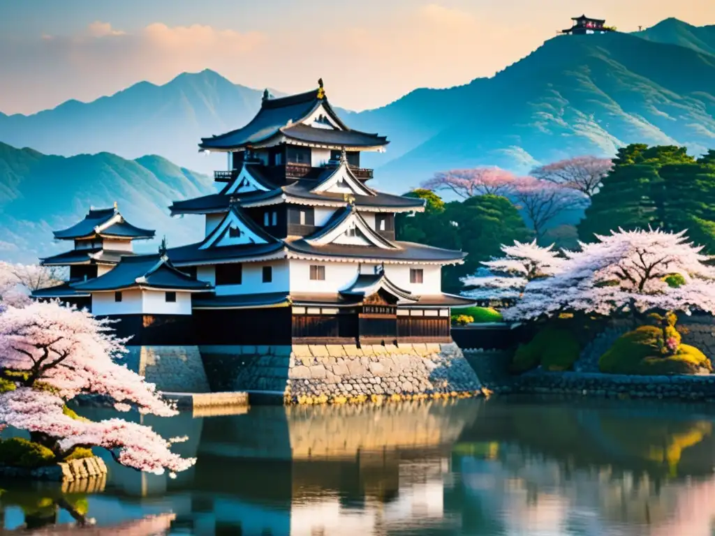 Castillo Matsumoto: Historia y Belleza en Japón Vista detallada del majestuoso Castillo Matsumoto en Japón, con su arquitectura de madera, muros de piedra y cerezos en flor
