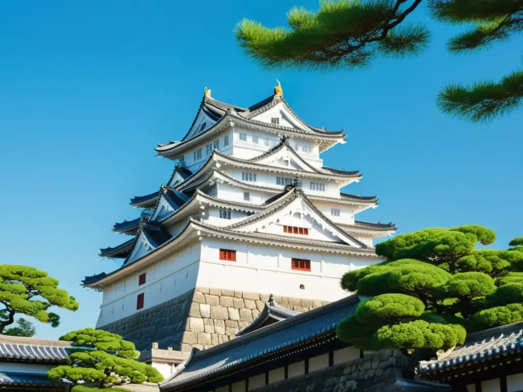 Vista detallada del majestuoso Castillo de Himeji en Japón, rodeado de vegetación, bajo un cielo azul