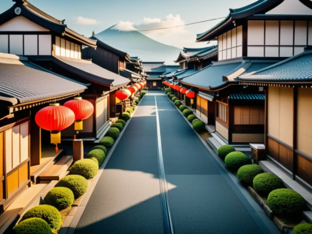 Vista documental de una calle japonesa tradicional durante el fin de la era Edo, con una transición cultural palpable