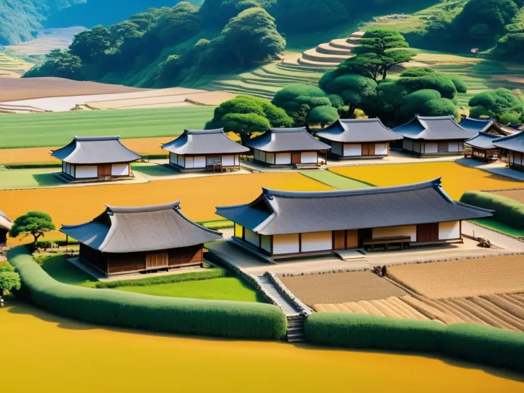 Una vista documental en alta resolución de una aldea histórica Burakumin en la era samurái, mostrando la arquitectura tradicional y la vida diaria