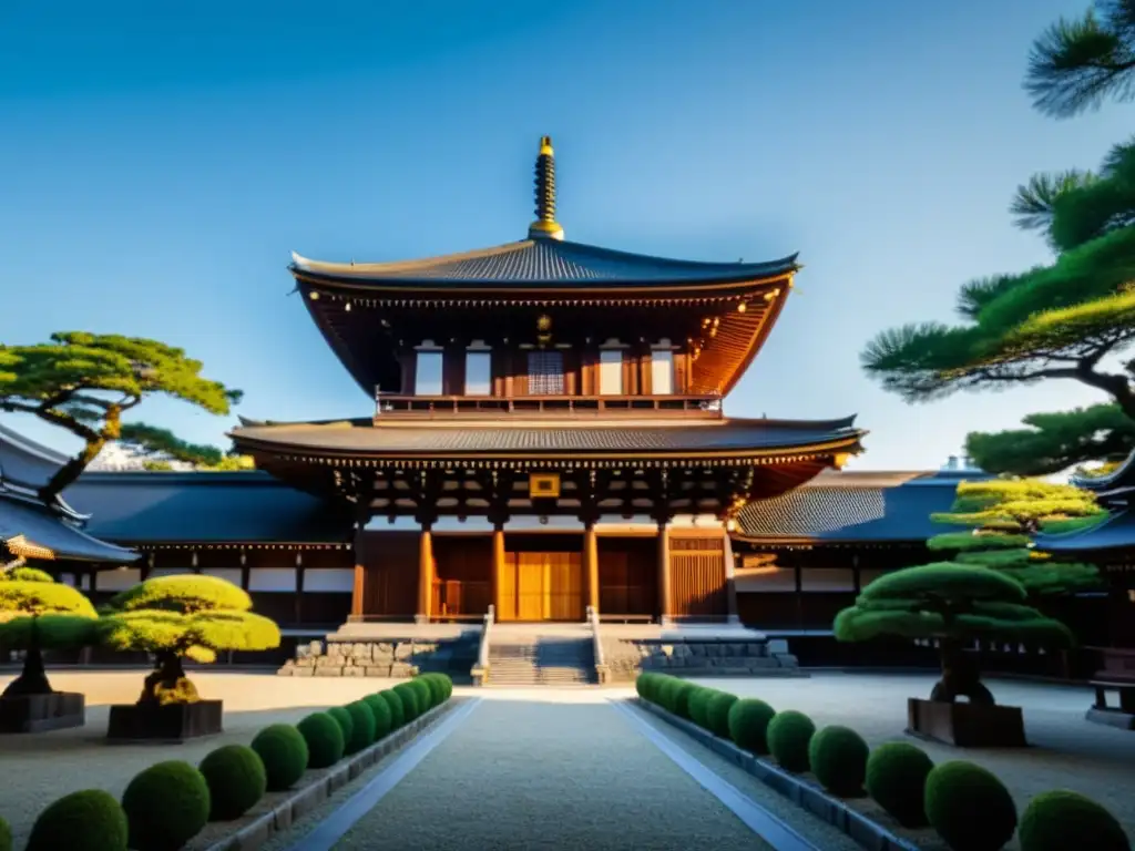 Vista documental del tranquilo templo Honnōji en Kyoto, Japón, con detalles arquitectónicos y un toque de belleza solemne