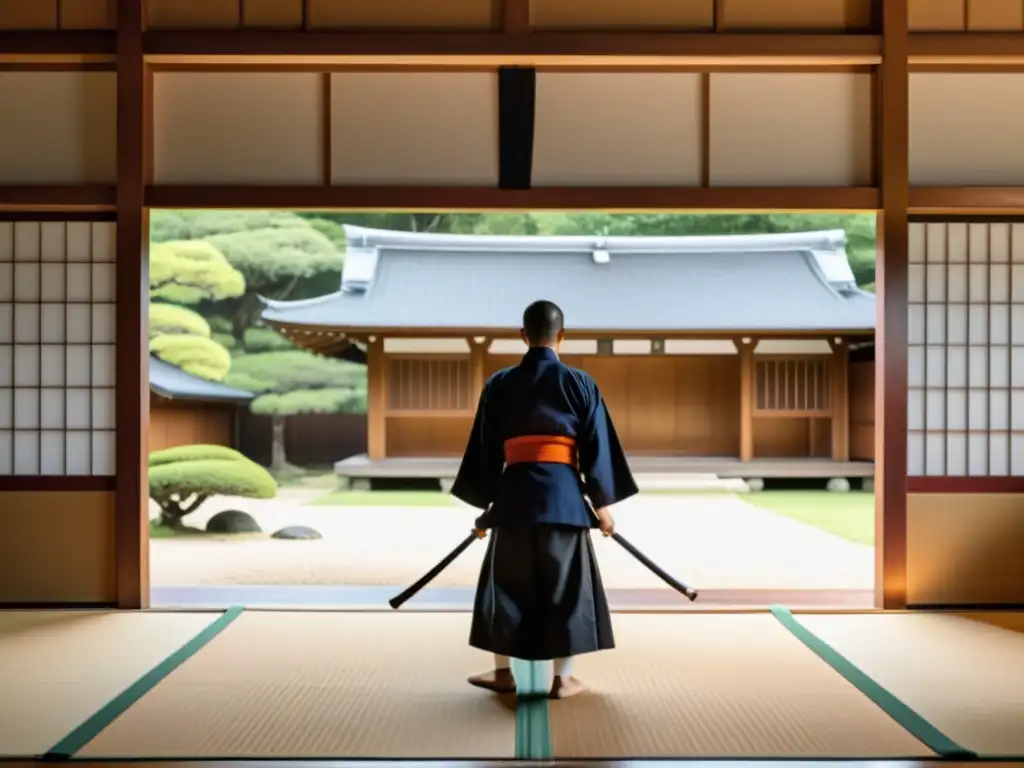 Vista 8k del dojo de Chiba Shusaku, esgrima Kendo, con práctica tradicional y sereno jardín de fondo