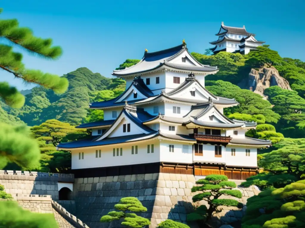 Vista impactante del castillo samurái Himeji, resaltando su estética y detalles arquitectónicos únicos, enmarcado por exuberante vegetación