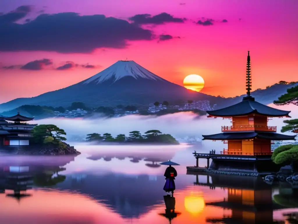 Vista impresionante del amanecer sobre Kyoto, con pagodas y un samurái, simbolizando la Restauración Meiji destino samuráis