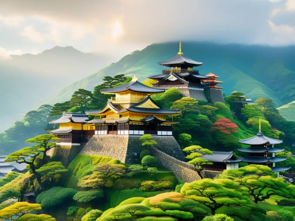 Vista impresionante del antiguo castillo japonés en realidad aumentada, rodeado de naturaleza exuberante y visitantes modernos