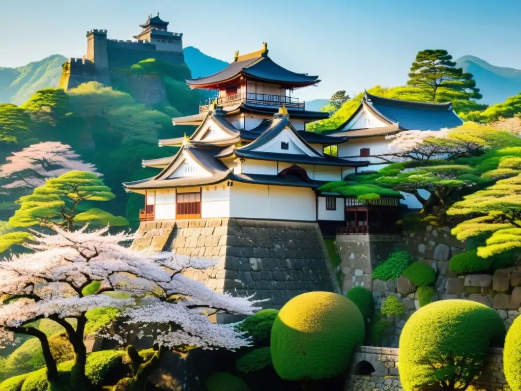 Vista impresionante de un antiguo castillo japonés rodeado de exuberante vegetación, con detalles arquitectónicos intrincados