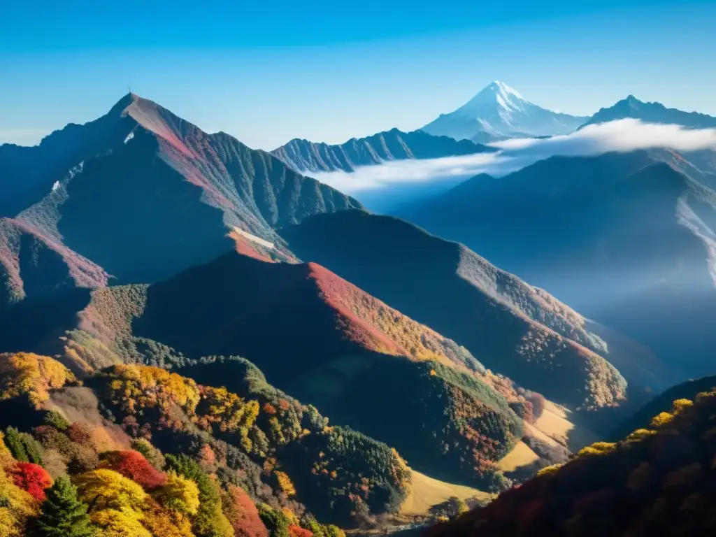 Esplendor otoñal en la cordillera de Chichibu: paisaje majestuoso Vista impresionante de la cadena montañosa Chichibu envuelta en neblina y rodeada de follaje otoñal