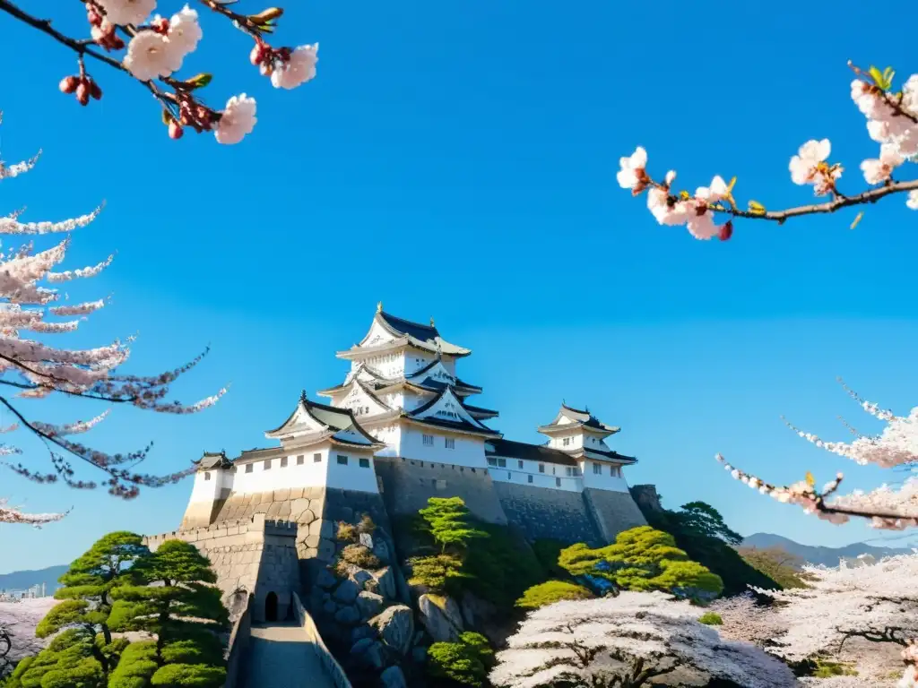 Vista impresionante del Castillo de Himeji en Japón, rodeado de cerezos en flor