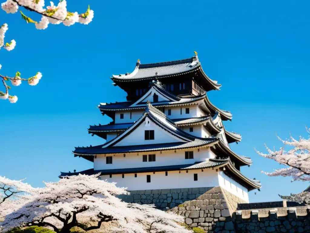 Castillo de Himeji: Belleza atemporal y flores de cerezo Vista impresionante del Castillo de Himeji rodeado de flores de cerezo en plena floración