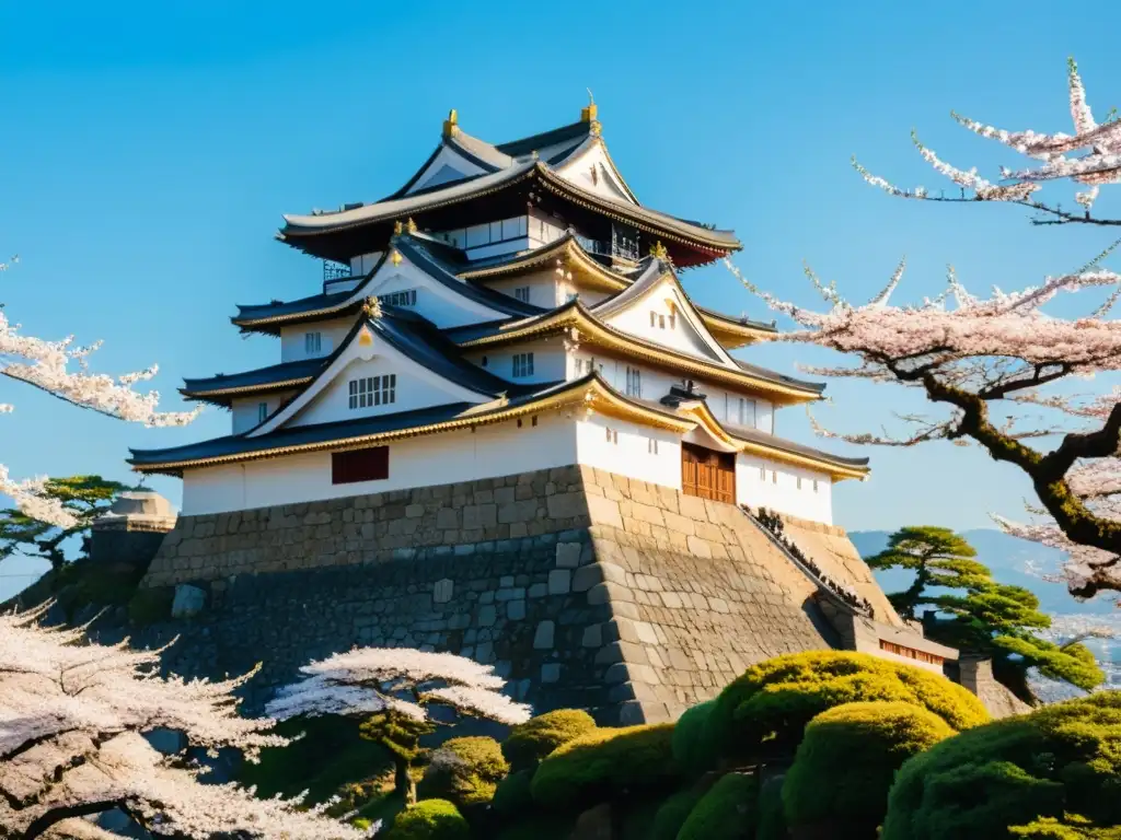 Vista impresionante de un castillo japonés rodeado de cerezos en flor, con restauradores trabajando en su conservación