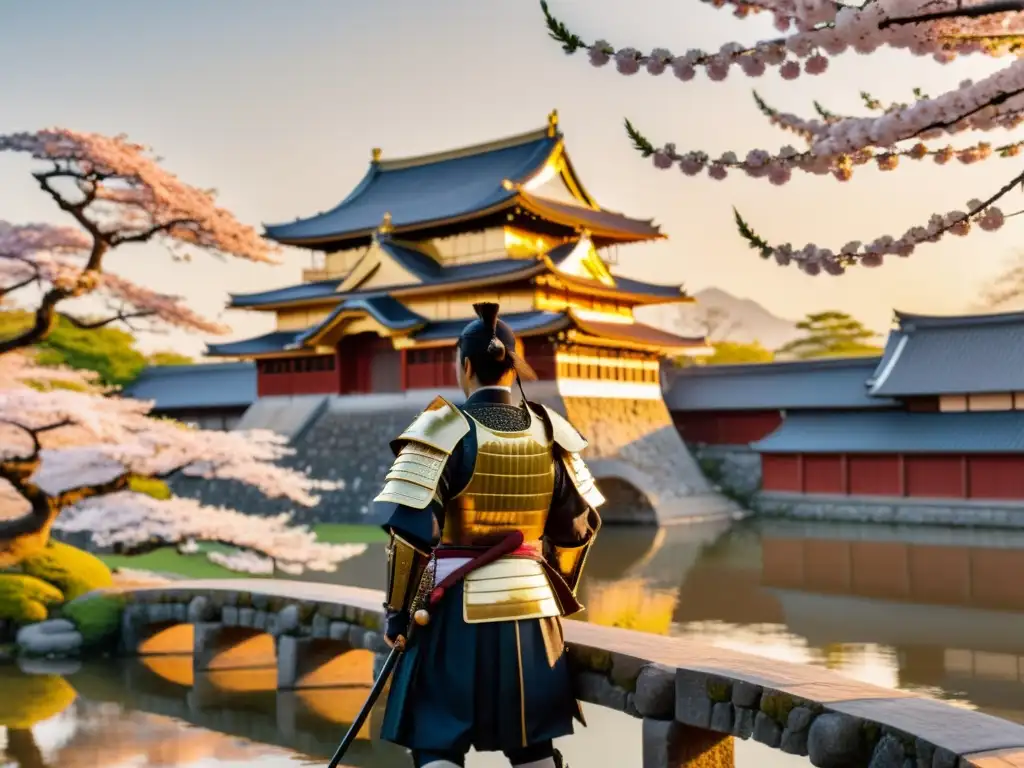 Vista impresionante de un castillo samurái japonés rodeado de cerezos en flor y un samurái en armadura