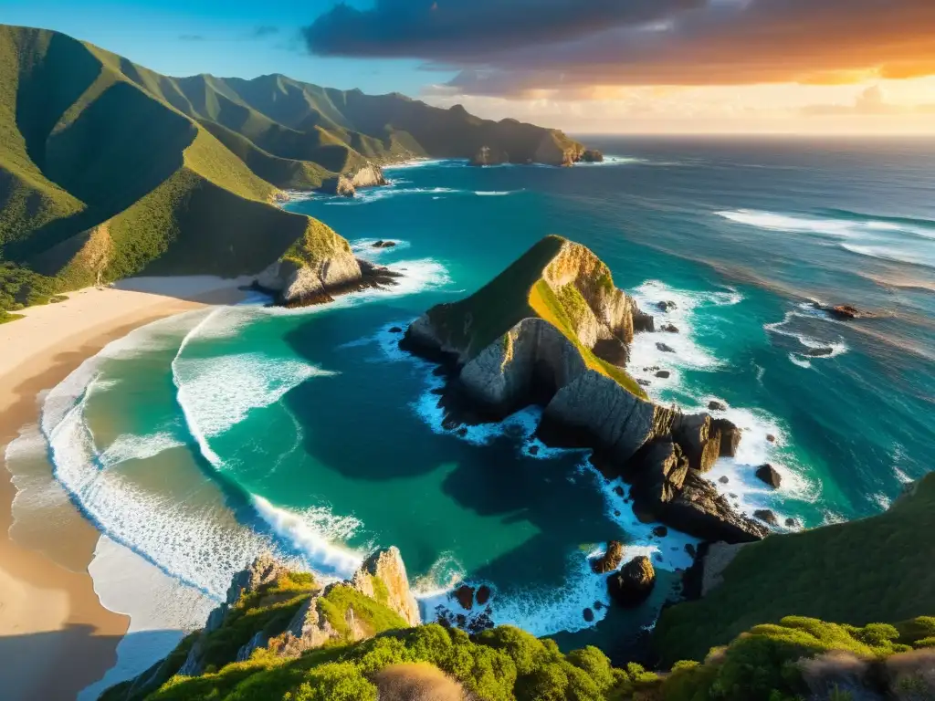 Vista impresionante de la Costa del Guerrero con leyendas samurái, acantilados, olas y atardecer brillante