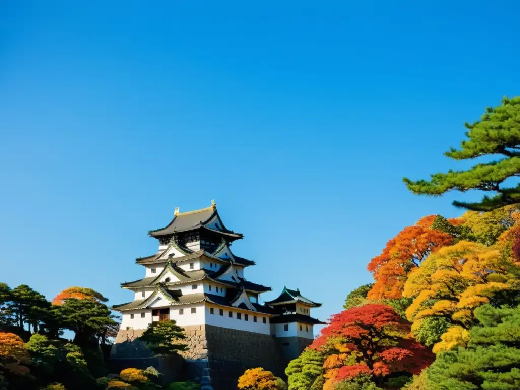 Vista impresionante del histórico Castillo Aoba en Sendai, Japón, rodeado de hermoso follaje otoñal