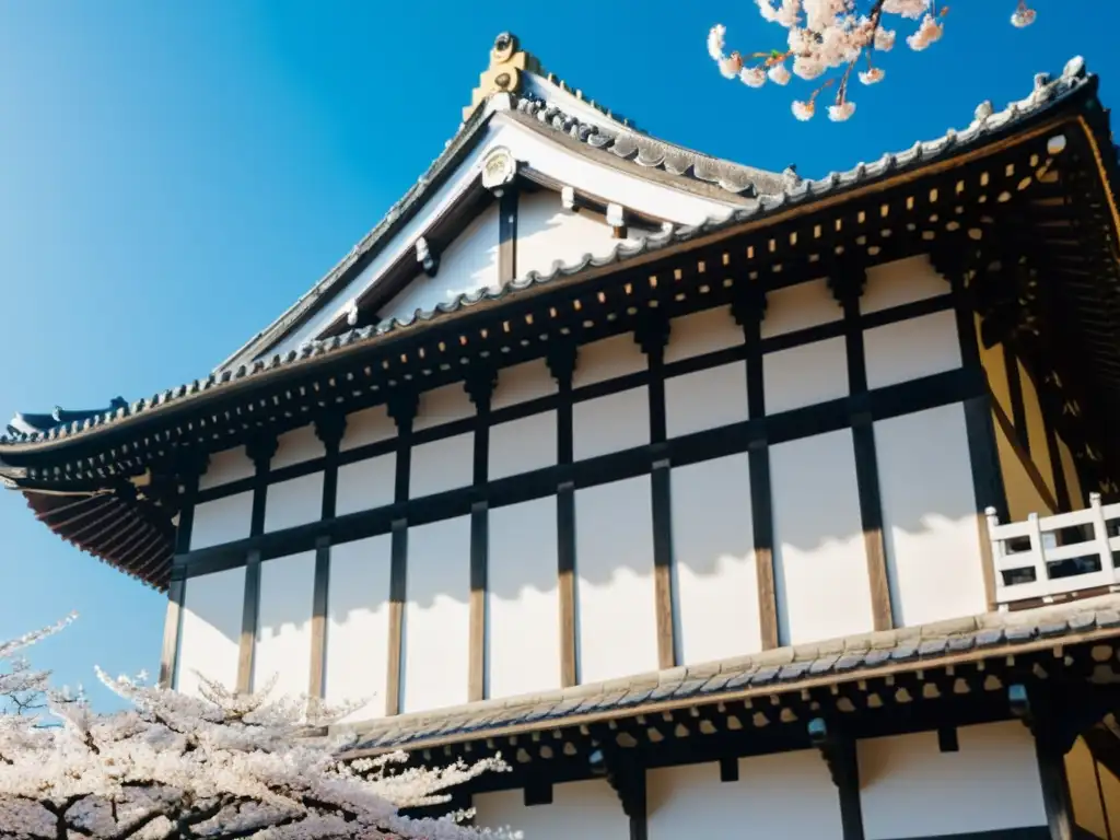 Esplendor del Castillo de Himeji: historia y belleza Vista impresionante del imponente Castillo de Himeji en Japón, con detalles arquitectónicos y árboles de cerezo en flor
