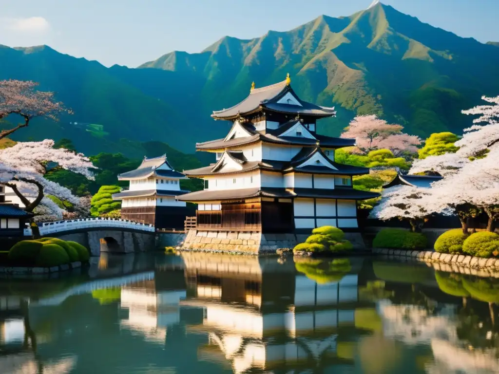 Castillo de Matsumoto: belleza en blanco y negro entre cerezos en flor Vista impresionante del majestuoso Castillo de Matsumoto, rodeado de un tranquilo foso y árboles de cerezos en flor