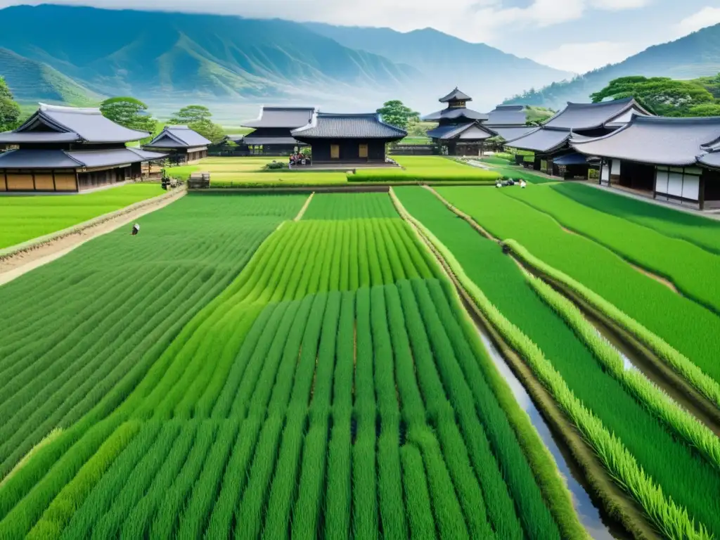 Vista impresionante del poder económico de los samuráis en el Japón feudal, con campos de arroz y edificaciones tradicionales de madera