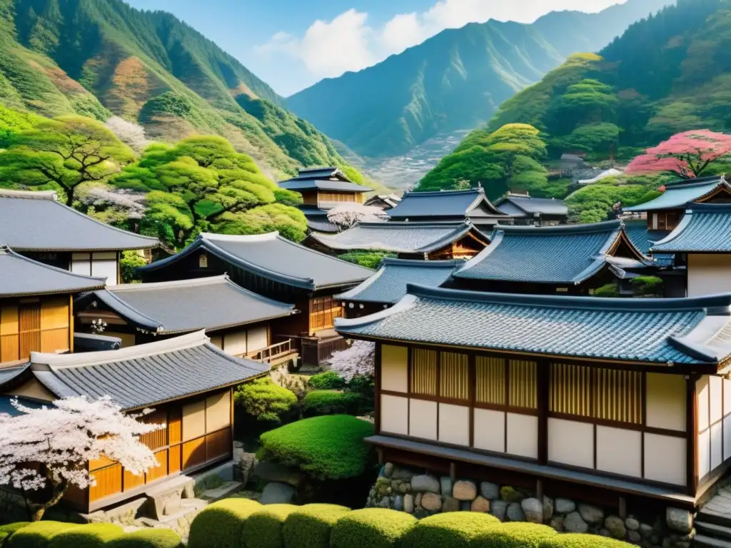 Vista impresionante de un pueblo japonés tradicional entre montañas, con descendientes de los samuráis en actividades cotidianas