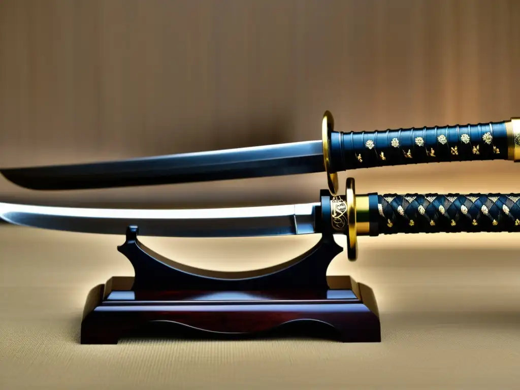 Vista de cerca de una katana y wakizashi japonesas, con detalles exquisitos y hermosa artesanía en un entorno tranquilo