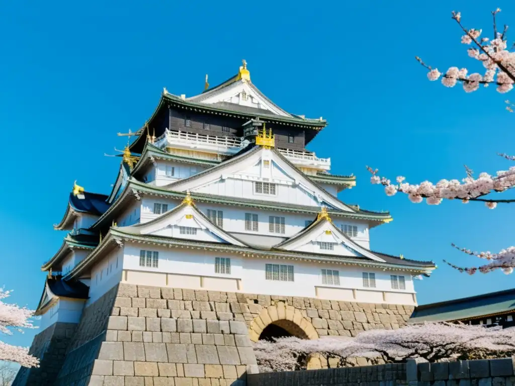 Vista majestuosa del Castillo de Osaka y jardines en primavera, destacando la belleza de los castillos samuráis en Japón