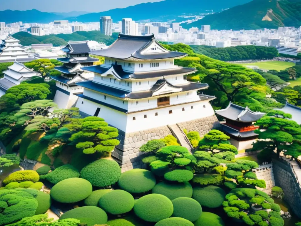 A vista de pájaro del majestuoso Castillo Himeji, con sus blancas paredes y elegantes techos, rodeado de exuberante vegetación