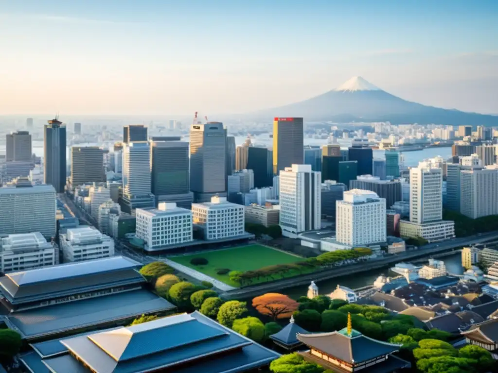 Vista panorámica de Yokohama, fusionando la arquitectura tradicional japonesa con rascacielos modernos, simbolizando la influencia samurái en Yokohama