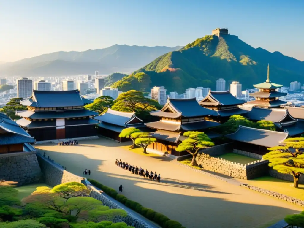 Vista panorámica del Castillo de Kumamoto al atardecer, con la cultura samurái moderno impacto en visitantes y paisaje montañoso al fondo