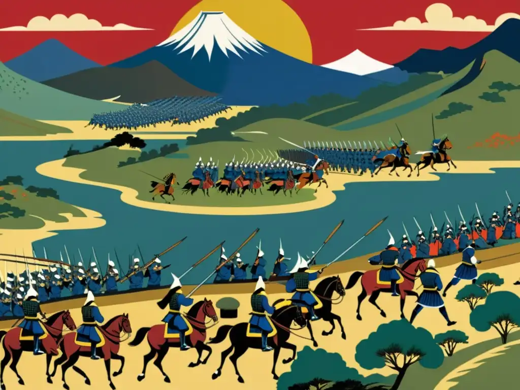 Vista panorámica de un campo de batalla en el Japón feudal, con intensos combates entre samuráis