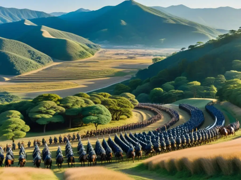 Vista panorámica del campo de batalla de Sekigahara con soldados, río, montañas y bosque