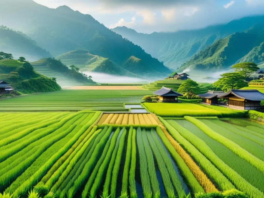 Vista panorámica de campos de arroz japoneses con gran detalle, evocando la economía samurái del Japón feudal