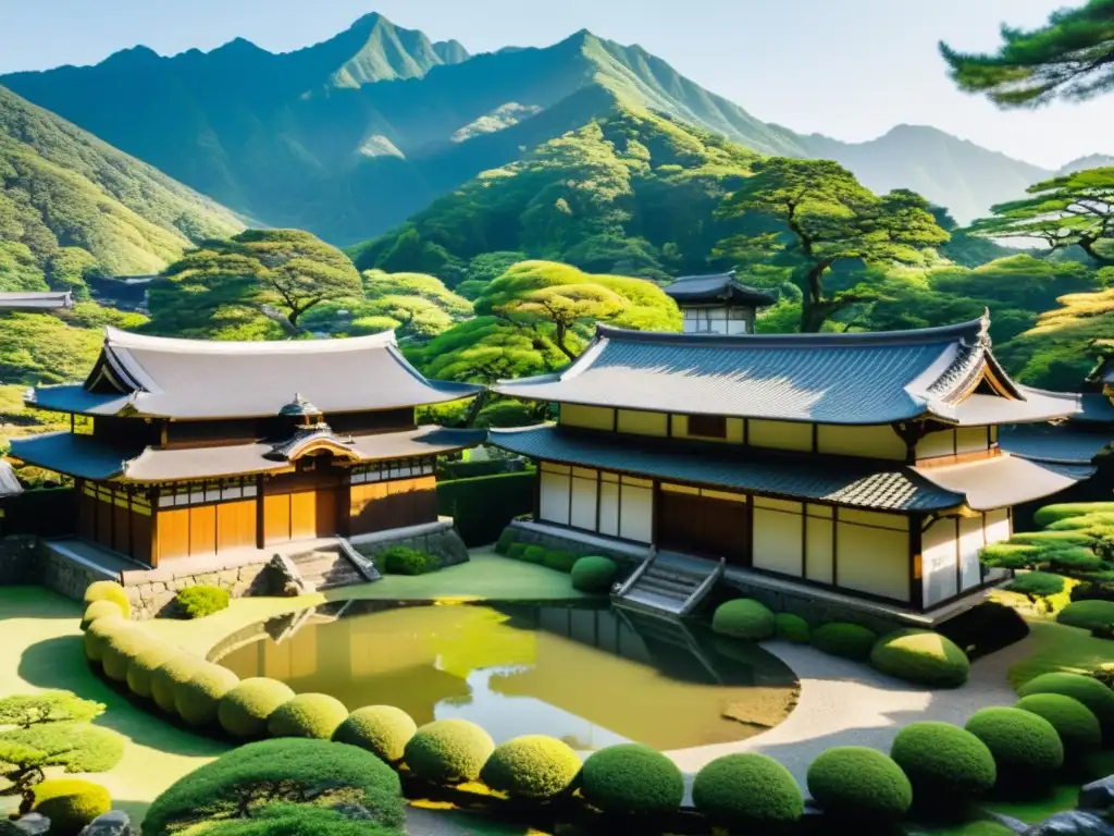 Vista panorámica de un castillo samurái bien conservado rodeado de exuberantes montañas, con jardín japonés en primer plano