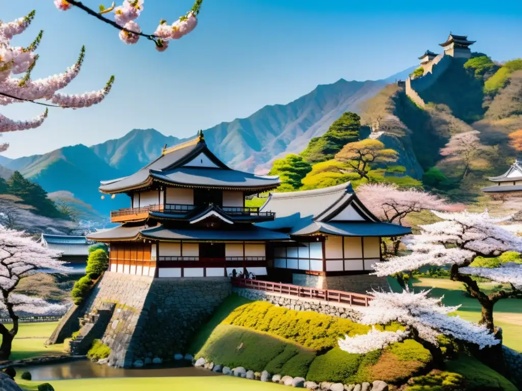 Vista panorámica de un castillo feudal japonés rodeado de árboles de cerezo en flor