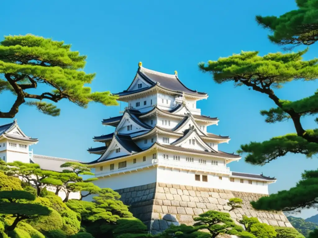 Vista panorámica del Castillo de Himeji, majestuosa arquitectura blanca rodeada de exuberante vegetación y cielo azul