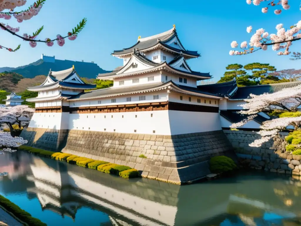 Vista panorámica del Castillo de Himeji en Japón durante la temporada de sakura, fusionando belleza natural y arquitectura militar