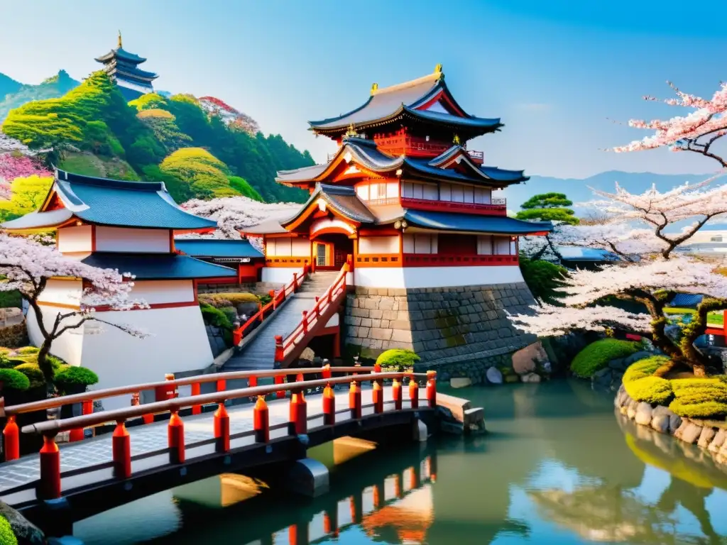 Vista panorámica de un castillo japonés rodeado de cerezos en flor, destacando la importancia de los samuráis en la unificación de Japón